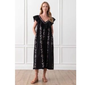 Mi Golondrina Black Midi Dress with White Embroidery